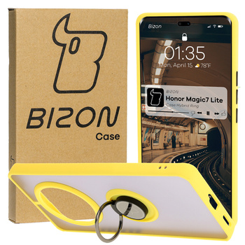 Etui z uchwytem na palec Bizon Case Hybrid Ring do Honor Magic7 Lite, przydymione z żółtą ramką