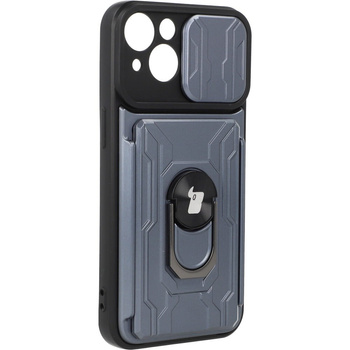 Etui Bizon Case Camshield Card Slot Ring do iPhone 14, szare