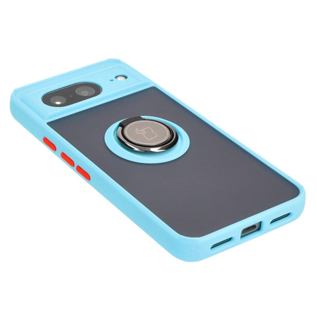 Etui z uchwytem na palec Bizon Case Hybrid Ring do Google Pixel 8, przydymione z jasnoniebieską ramką