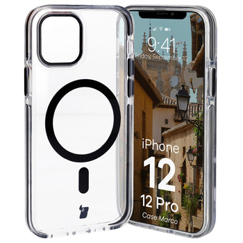Etui z pierścieniem magnetycznym Bizon Case Marco do iPhone 12 Pro / 12, przezroczyste z czarną ramką