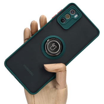 Etui z uchwytem na palec Bizon Case Hybrid Ring do Motorola Moto G42 , przydymione z ciemnozieloną ramką
