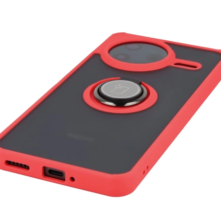 Etui z uchwytem na palec Bizon Case Hybrid Ring do Xiaomi POCO F7 Pro, przydymione z czerwoną ramką