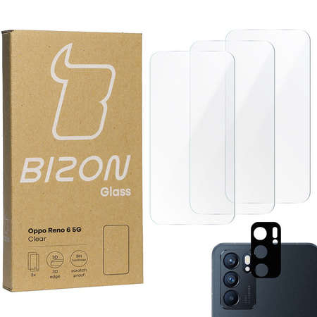 Szkło hartowane Bizon Glass Clear - 3 szt. + obiektyw, Oppo Reno 6 5G