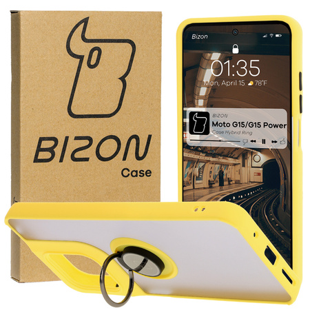 Etui z uchwytem na palec Bizon Case Hybrid Ring do Motorola Moto G15 / G15 Power, przydymione z żółtą ramką