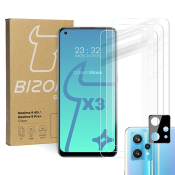 3x Szkło hartowane + szybka na aparat Bizon Glass Clear Pack do Realme 9 4G / Realme 9 Pro+