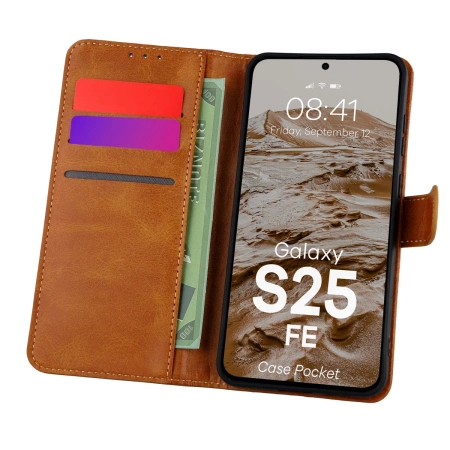 Etui z klapką Bizon Case Pocket do Galaxy S25 FE, brązowe