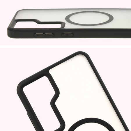 Etui z pierścieniem magnetycznym Bizon Case MatteO do Galaxy S24 Plus, półprzezroczyste z czarną ramką