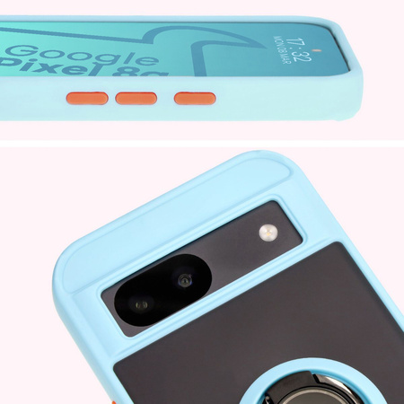 Etui z uchwytem na palec Bizon Case Hybrid Ring do Google Pixel 8a, przydymione z jasnoniebieską ramką