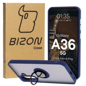 Etui z uchwytem na palec Bizon Case Hybrid Ring do Galaxy A36 5G, przydymione z granatową ramką