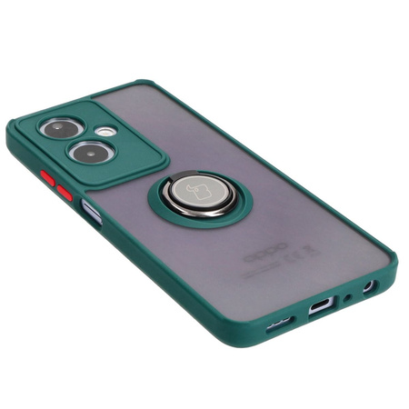 Etui z uchwytem na palec Bizon Case Hybrid Ring do Oppo A79 5G, przydymione z ciemnozieloną ramką