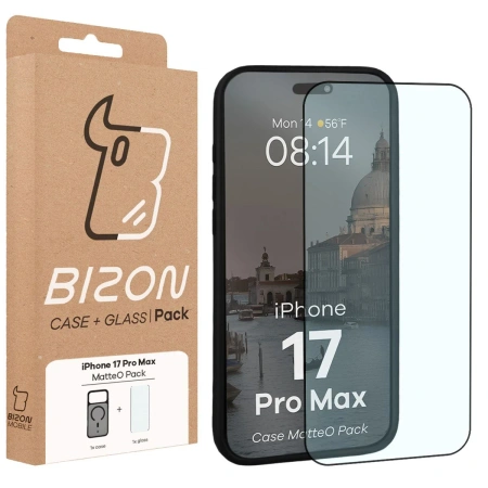 Etui z pierścieniem magnetycznym + szkło hartowane Bizon MatteO Pack do iPhone 17 Pro Max, przydymione-czarne
