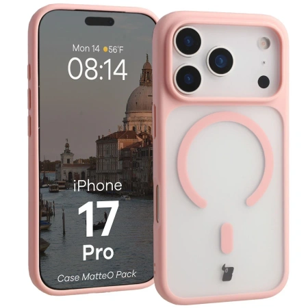 Etui z pierścieniem magnetycznym + szkło hartowane Bizon MatteO Pack do iPhone 17 Pro, przydymione-jasnoróżowe