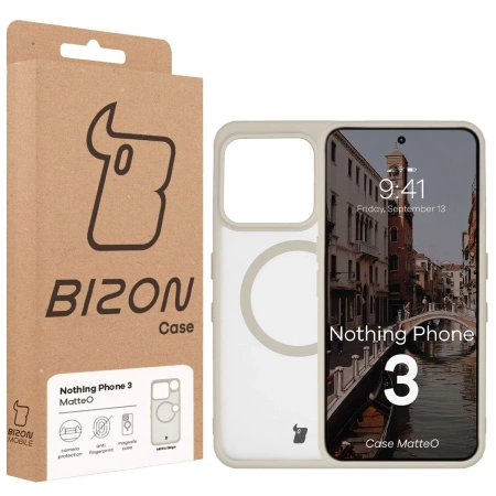 Etui z pierścieniem magnetycznym Bizon Case MatteO do Nothing Phone (3), przydymione-beżowe