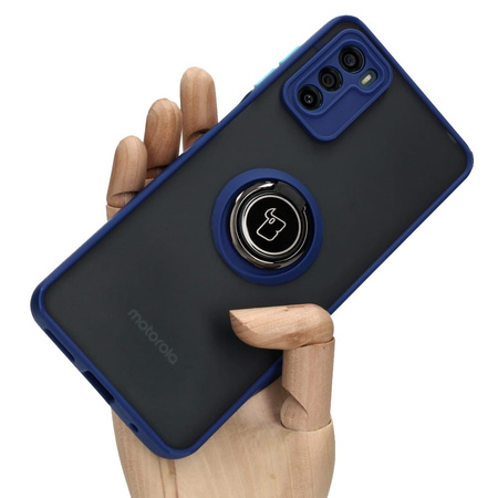 Etui z uchwytem na palec Bizon Case Hybrid Ring do Motorola Moto G42 , przydymione z granatową ramką