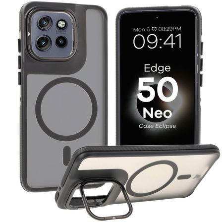 Etui z podstawką i pierścieniem magnetycznym Bizon Case Eclipse do Motorola Edge 50 Neo, przydymione z czarną ramką