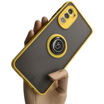 Etui z uchwytem na palec Bizon Case Hybrid Ring do Motorola Moto G52 / G82, przydymione z żółtą ramką