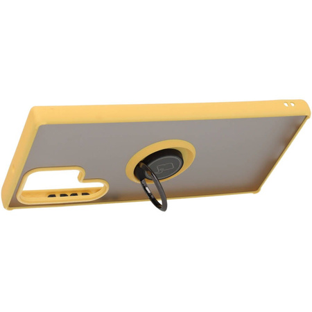 Etui z uchwytem na palec Bizon Case Hybrid Ring do Galaxy S22 Ultra, przydymione z żółtą ramką