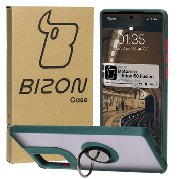 Etui z uchwytem na palec Bizon Case Hybrid Ring do Motorola Edge 50 Fusion, przydymione z ciemnozieloną ramką