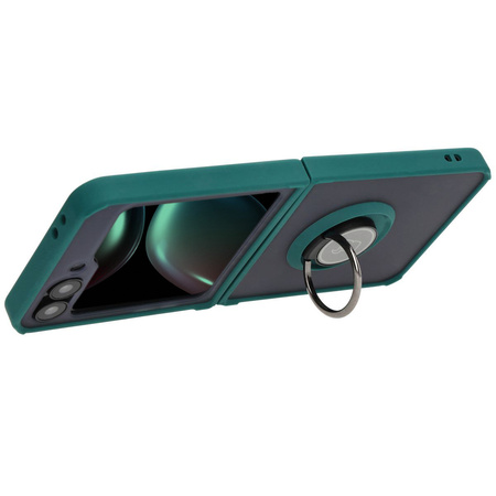 Etui z uchwytem na palec Bizon Case Hybrid Ring do Galaxy Z Flip7 FE / Z Flip6, przydymione z ciemnozieloną ramką
