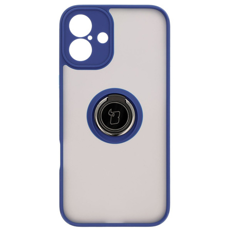 Etui z uchwytem na palec Bizon Case Hybrid Ring do iPhone 16 Plus, przydymione z granatową ramką
