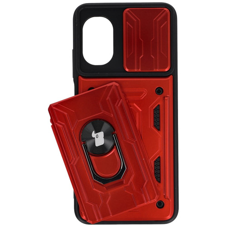Etui Bizon Case Camshield Card Slot Ring do Xiaomi Poco M5, czerwone