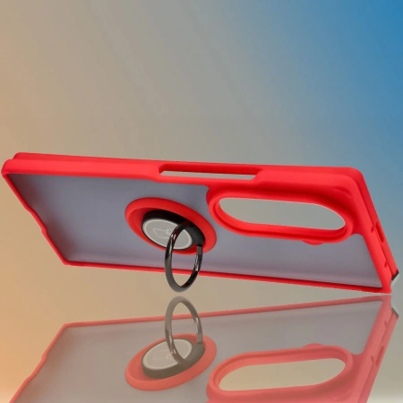 Etui z uchwytem na palec Bizon Case Hybrid Ring do Galaxy Z Fold7, przydymione z czerwoną ramką