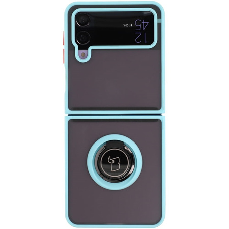 Etui z uchwytem na palec Bizon Case Hybrid Ring do Galaxy Z Flip4, przydymione z jasnoniebieską ramką