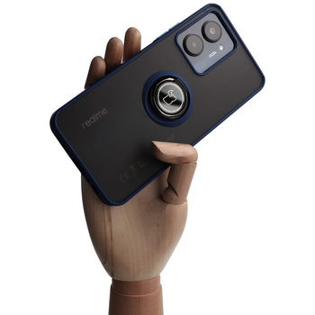 Etui z uchwytem na palec Bizon Case Hybrid Ring do Realme C33 / C30 / Narzo 50i Prime, przydymione z granatową ramką