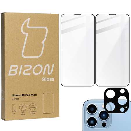 Szkło hartowane Bizon Glass Edge - 2 sztuki + ochrona na obiektyw, iPhone 13 Pro Max, czarne