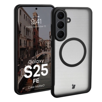 Etui z pierścieniem magnetycznym Bizon Case MatteO do Galaxy S25 FE, przydymione-czarne