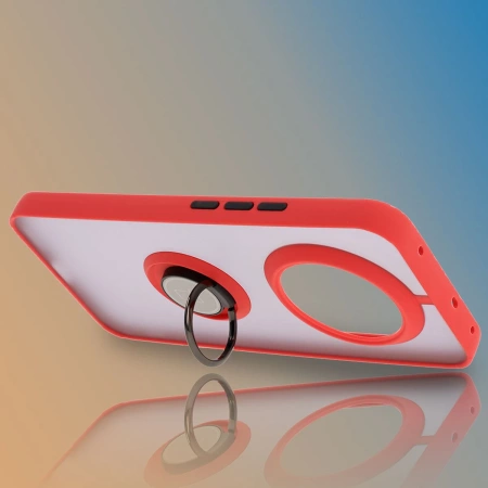Etui z uchwytem na palec Bizon Case Hybrid Ring do Realme 14 Pro Plus 5G, przydymione z czerwoną ramką
