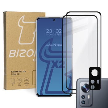 Szkło hartowane Bizon Glass Edge 3D - 2 sztuki + ochrona na obiektyw,  Xiaomi 12 / 12X, czarne