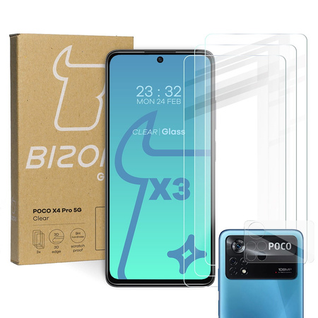 Szkło hartowane Bizon Glass Clear - 3 szt. + obiektyw, Xiaomi Poco X4 Pro 5G