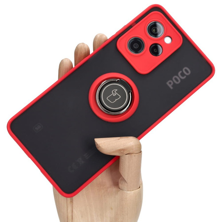 Etui z uchwytem na palec Bizon Case Hybrid Ring do Xiaomi Poco X5 Pro, przydymione z czerwoną ramką