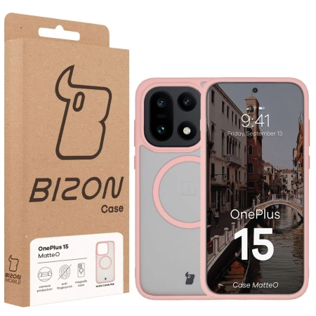 Etui z pierścieniem magnetycznym Bizon Case MatteO do OnePlus 15, przydymione-jasnoróżowe