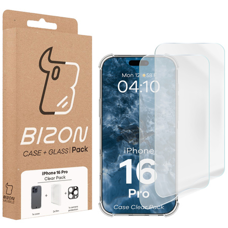 Etui + 2x folia na ekran + szkiełko na obiektyw Bizon Case Clear Pack do iPhone 16 Pro