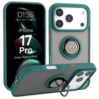 Etui z uchwytem na palec Bizon Case Hybrid Ring do iPhone 17 Pro, przydymione z ciemnozieloną ramką
