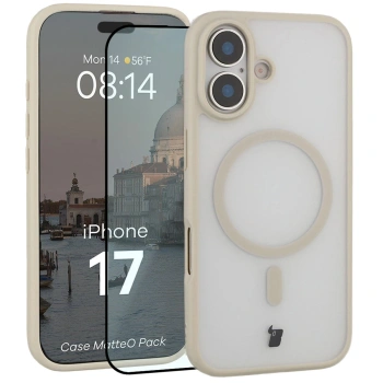 Etui z pierścieniem magnetycznym + szkło hartowane Bizon MatteO Pack do iPhone 17, przydymione-beżowe