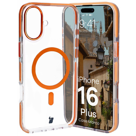 Etui z pierścieniem magnetycznym Bizon Case Marco do iPhone 16 Plus, przezroczyste z pomarańczową ramką