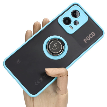 Etui z uchwytem na palec Bizon Case Hybrid Ring do Xiaomi Poco X5 / Redmi Note 12 5G, przydymione z jasnoniebieską ramką