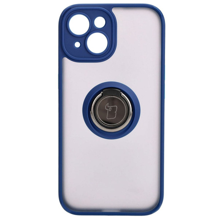 Etui z uchwytem na palec Bizon Case Hybrid Ring do iPhone 15, przydymione z granatową ramką
