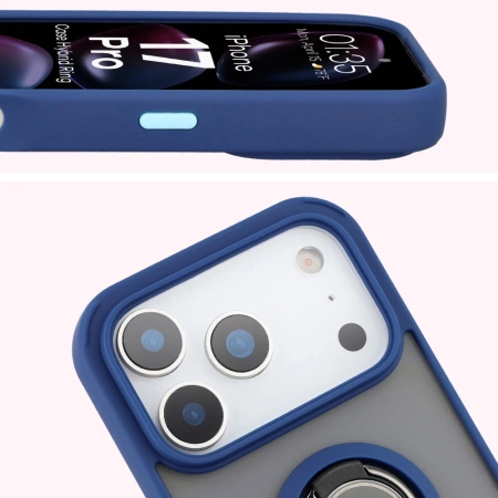 Etui z uchwytem na palec Bizon Case Hybrid Ring do iPhone 17 Pro, przydymione z granatową ramką