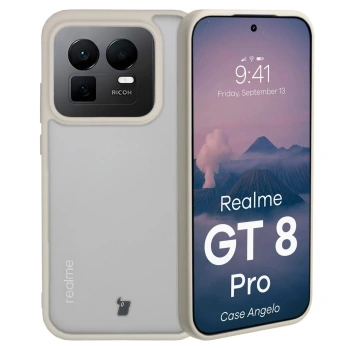 Etui Bizon Case Angelo do Realme GT 8 Pro, półprzezroczyste z beżową ramką