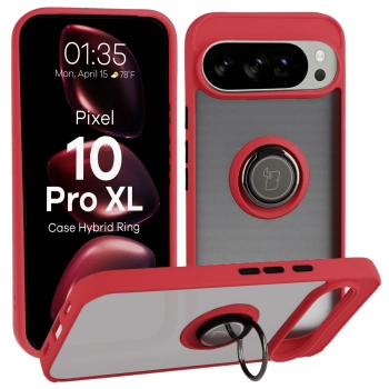 Etui z uchwytem na palec Bizon Case Hybrid Ring do Google Pixel 10 Pro XL, przydymione z czerwoną ramką