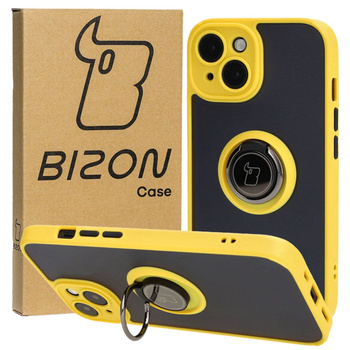 Etui z uchwytem na palec Bizon Case Hybrid Ring do iPhone 15, przydymione z żółtą ramką