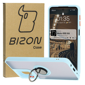 Etui z uchwytem na palec Bizon Case Hybrid Ring do Motorola Moto G55 5G, przydymione z jasnoniebieską ramką