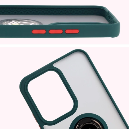 Etui z uchwytem na palec Bizon Case Hybrid Ring do Oppo Reno13 Pro, przydymione z ciemnozieloną ramką